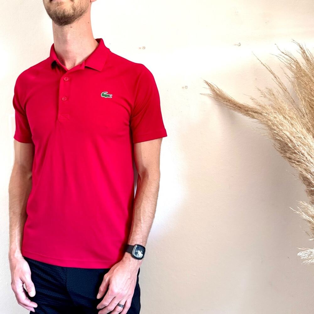 MENS LACOSTE SPORT Red Button Golf Tennis Polo Collar Short Sleeve Shirt Top S